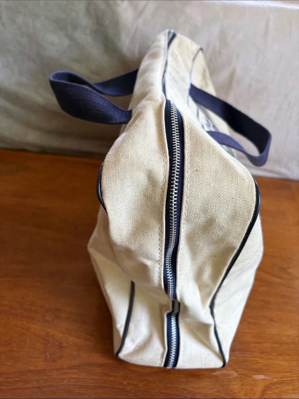 Vintage Beige Canvas Tote Bag with Navy Print - Olympic Lake Placid 1980
